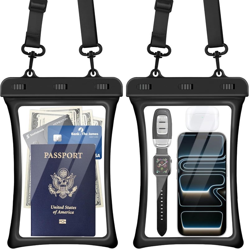CACOE [Floatable Floating Universal IPX8 Waterproof Phone case 2 Pack-Up to 10.0",Adjustable Lanyard Phone Pouch,Cellphone Dry Bags for Vacation Beach Pool Kayak Cruise Travel Essentials（Black+Black） - Image 1